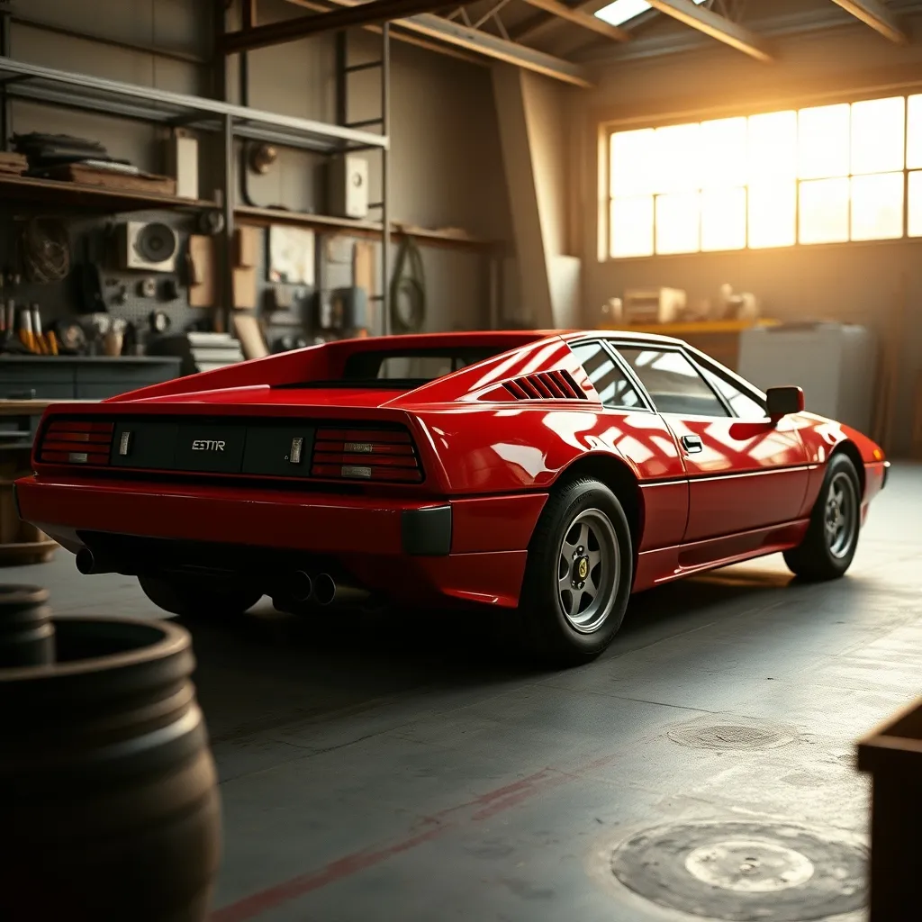 Une Lotus Esprit Turbo des années 1980 en cours de révision dans un atelier spécialisé