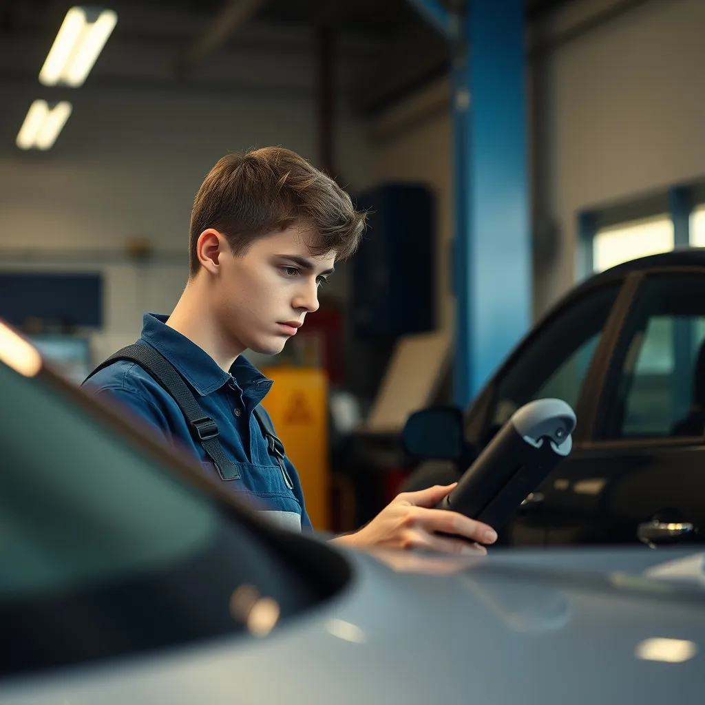 Élève utilisant un outil de diagnostic électronique sur un véhicule en atelier