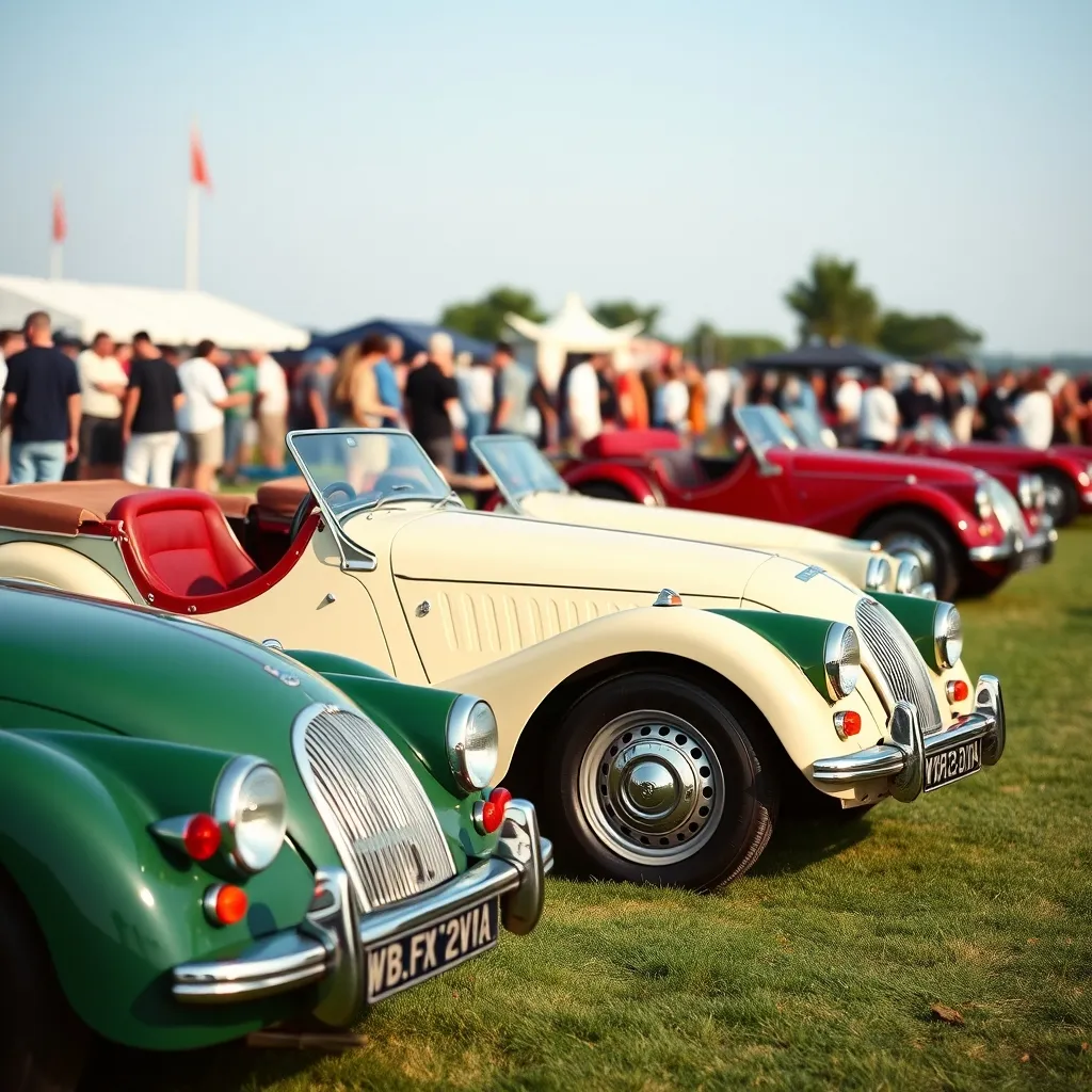 Trois Morgan anciennes alignées lors d'un rassemblement de voitures de collection