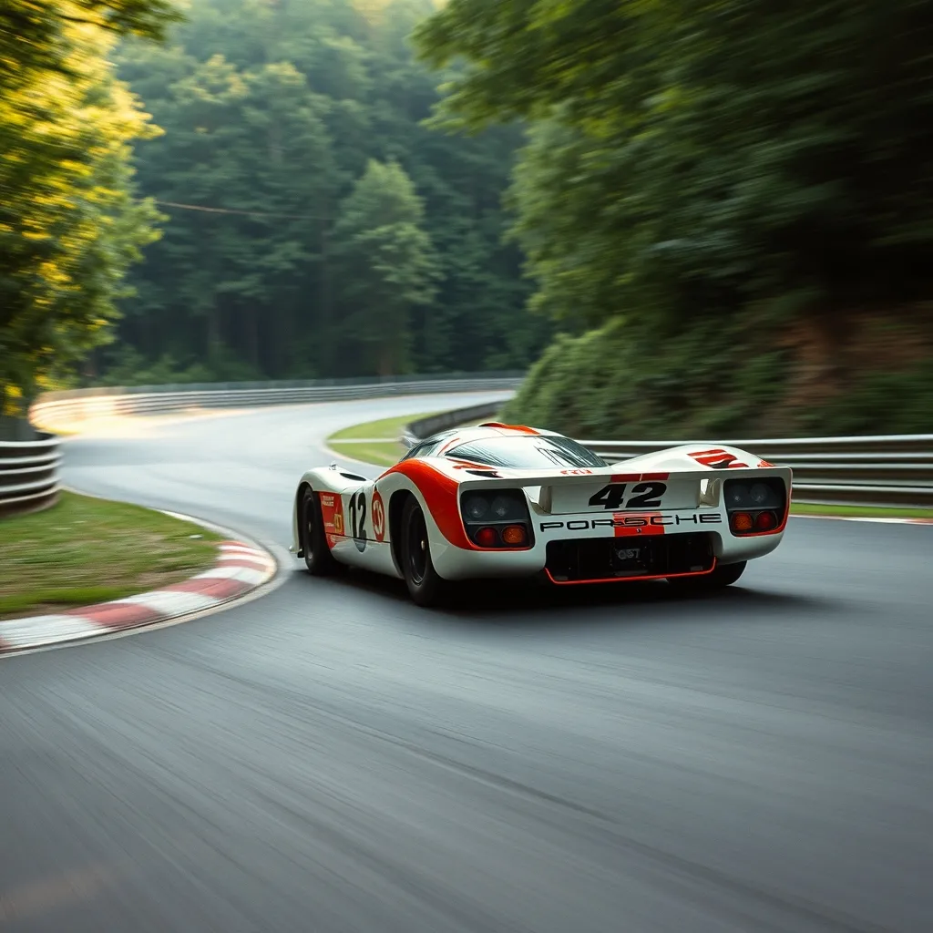 Une Porsche 917 attaque le Karussell, virage emblématique de la Nordschleife