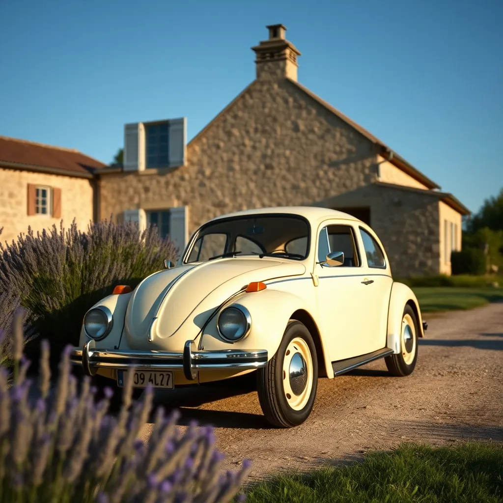 Volkswagen Coccinelle classique garée devant une ferme provençale