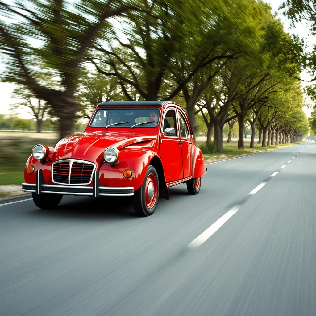 Citroën 2CV Charleston sur une route de campagne bordée de platanes