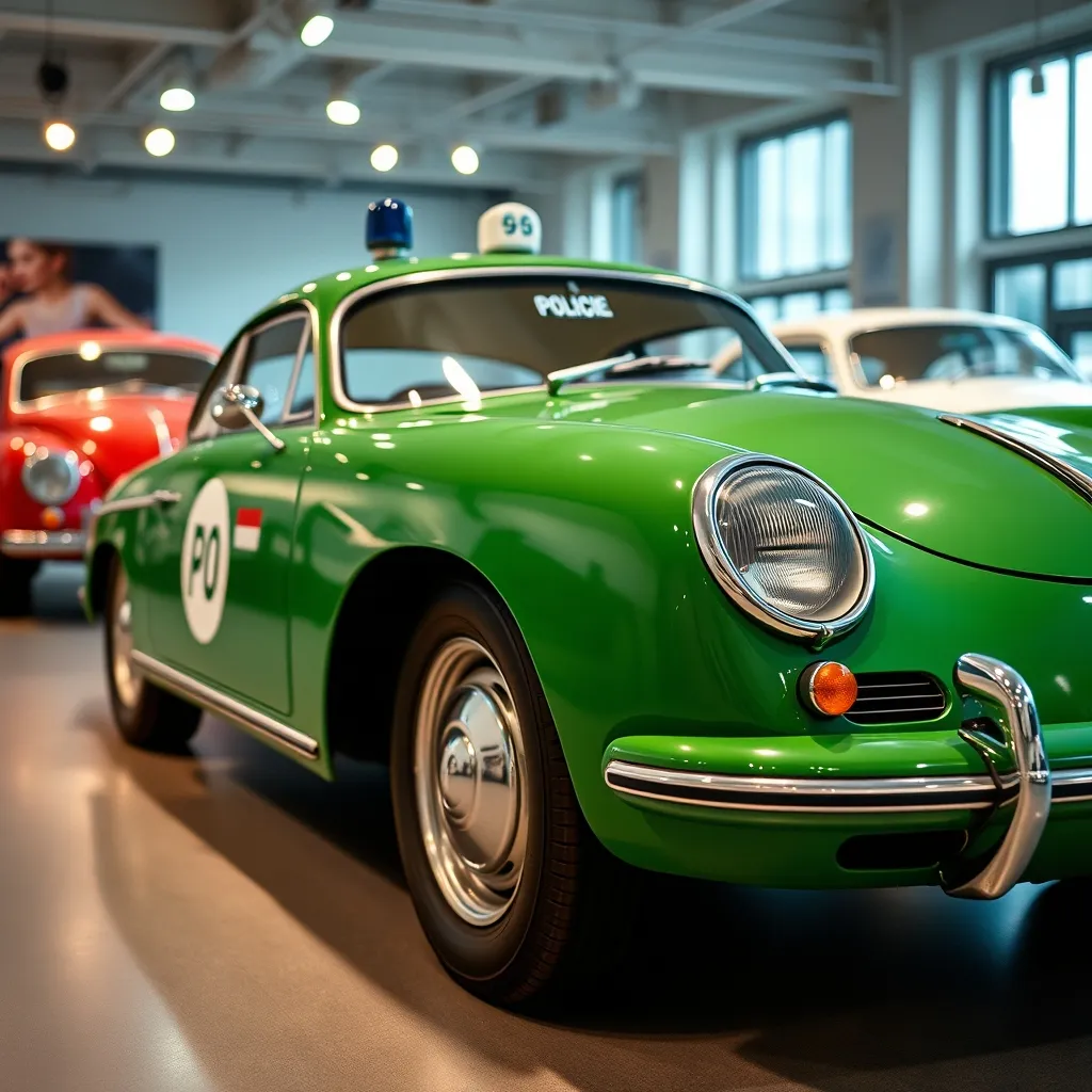 Porsche 356 en livrée Polizei verte et blanche des années 1960 exposée en musée