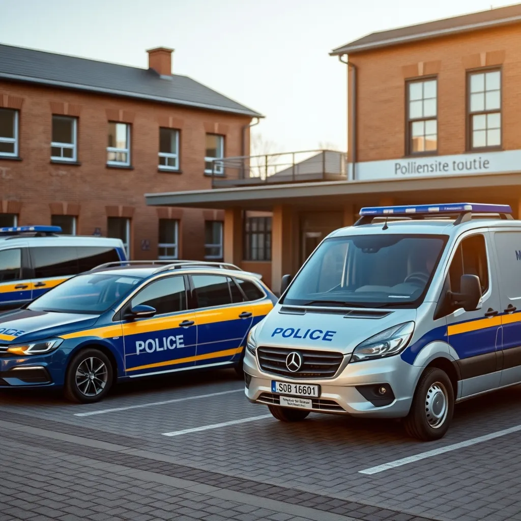 Flotte de véhicules Polizei modernes stationnés devant un commissariat allemand