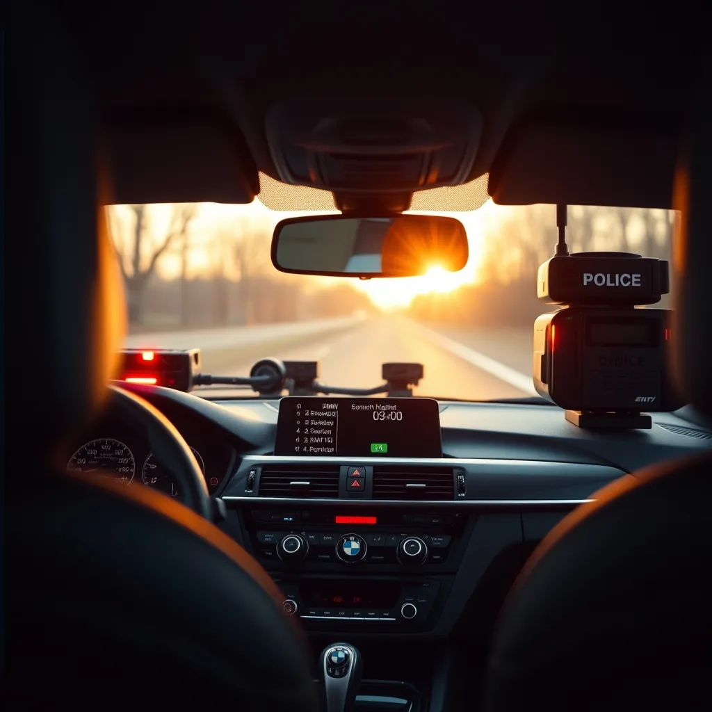 Tableau de bord d'une voiture de police allemande avec ses équipements embarqués