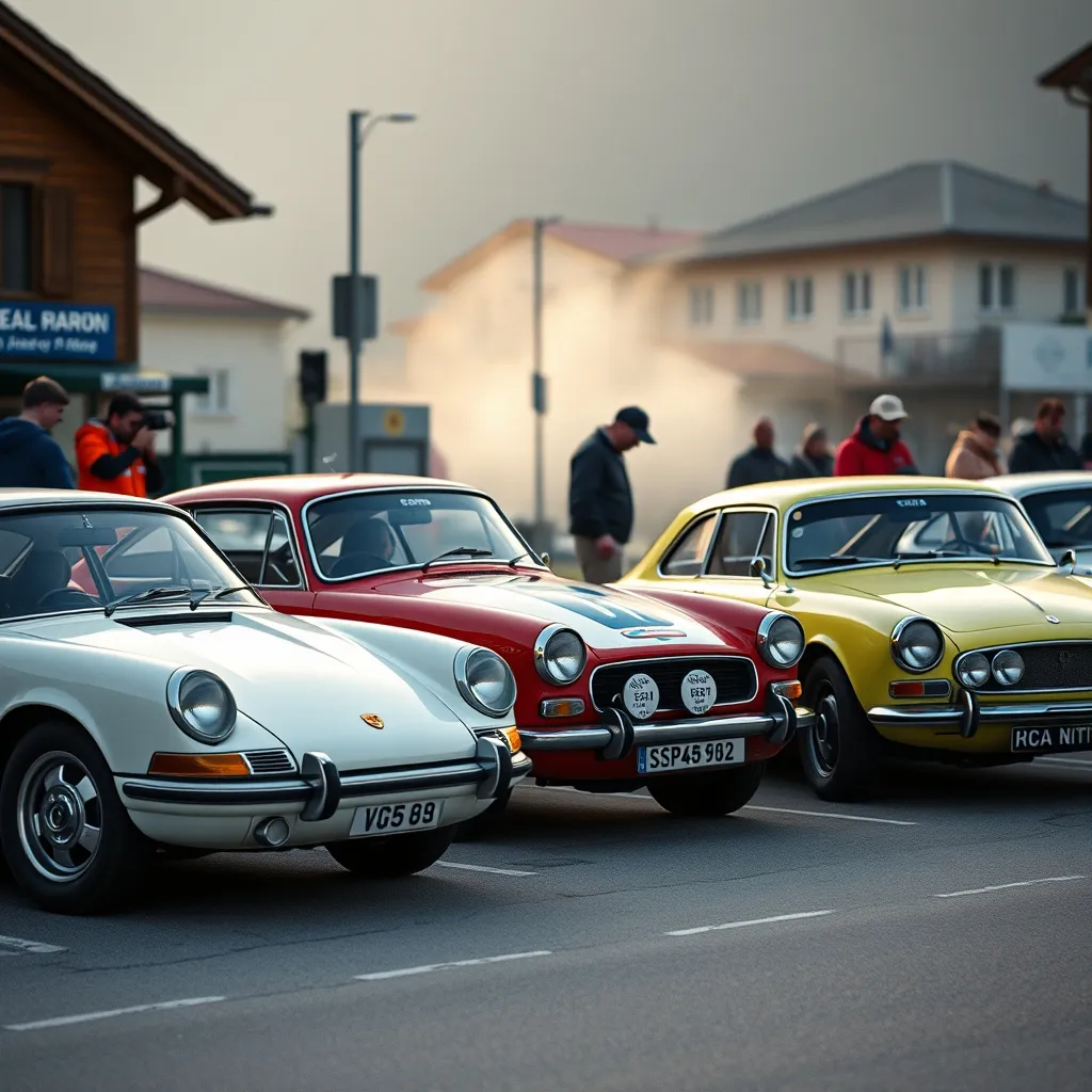 Parc fermé d'un rallye historique avec des voitures mythiques des années 1960-70