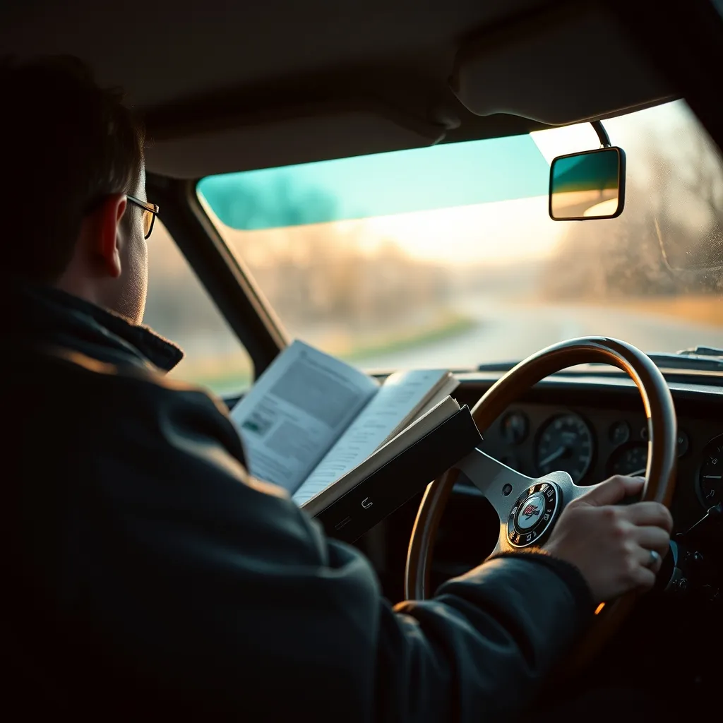 Le copilote consulte son road-book à bord d'une voiture de rallye historique équipée d'un tripmaster