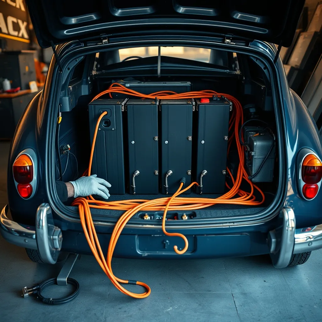 Installation d'un pack de batteries lithium dans le coffre d'une voiture ancienne française