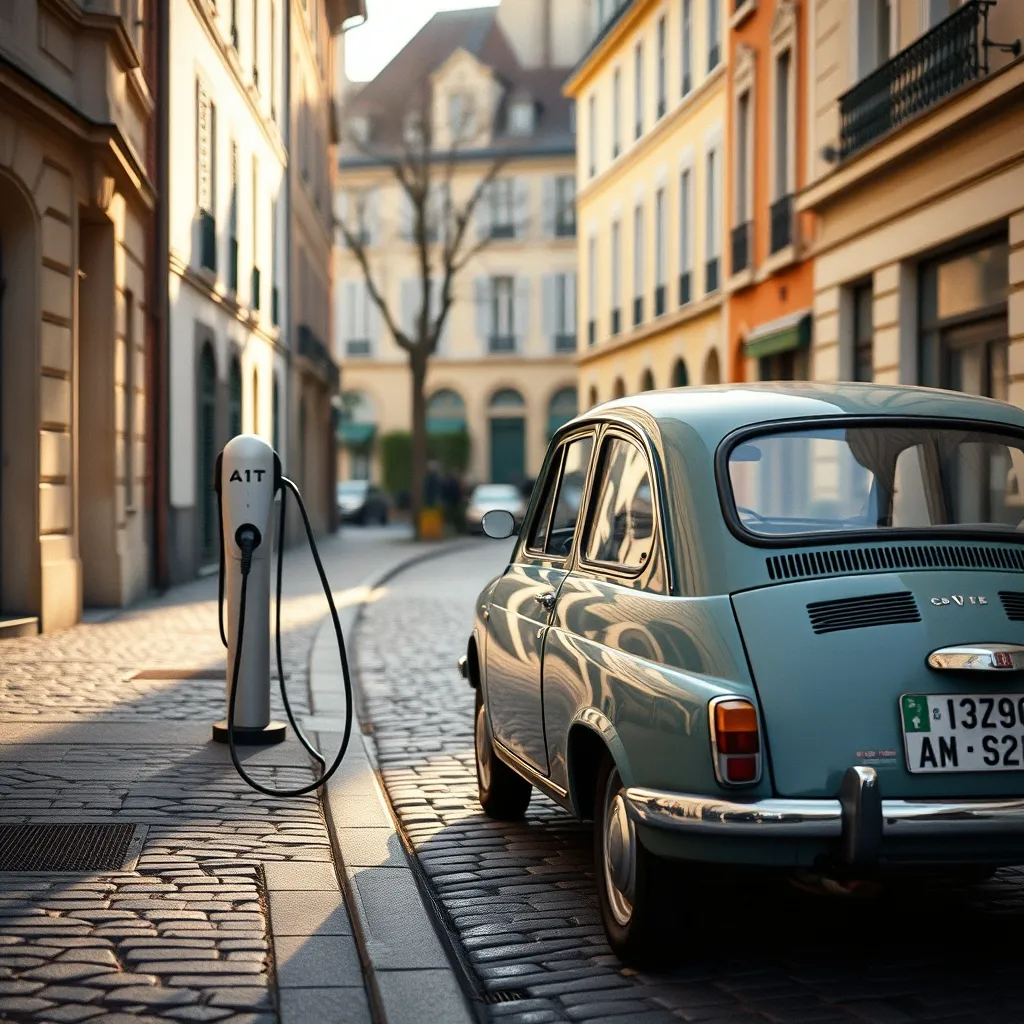 Une voiture ancienne retrofitée en charge sur une borne urbaine dans une rue française