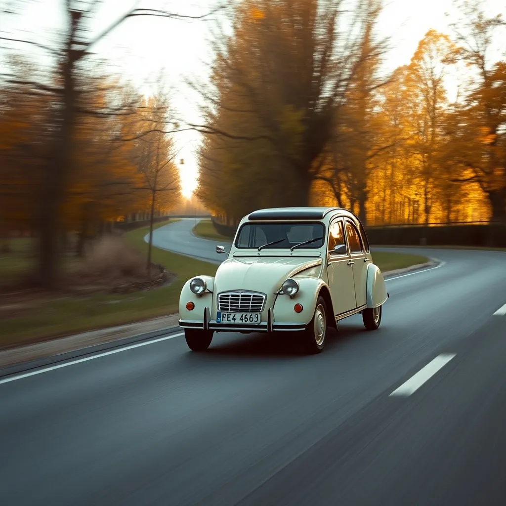 Une 2CV sur les routes de campagne française, symbole de l'ancienne fiable au quotidien