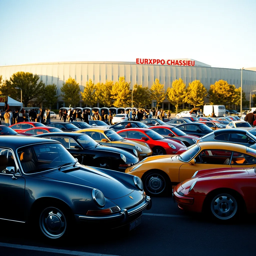 Visiteurs devant l'entrée principale d'Eurexpo lors du salon automobile de Lyon