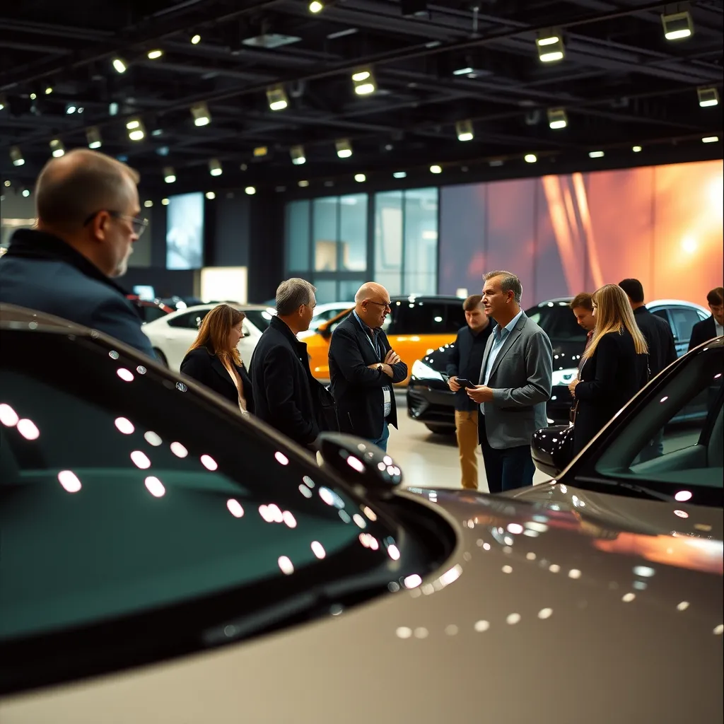 Un visiteur échange avec un exposant devant les dernières nouveautés automobiles