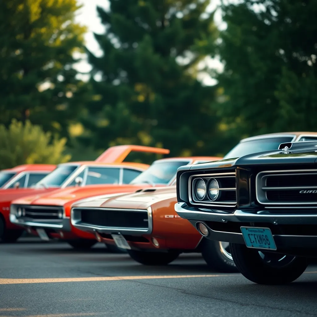 Muscle cars américaines des années 60 alignées lors d'un rassemblement de passionnés