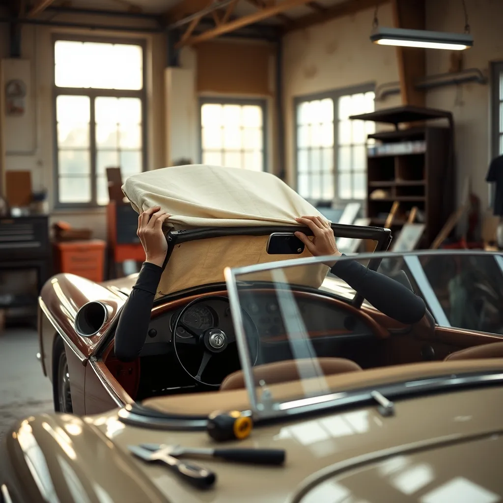 Inspection du mécanisme de capote dans un atelier de restauration automobile