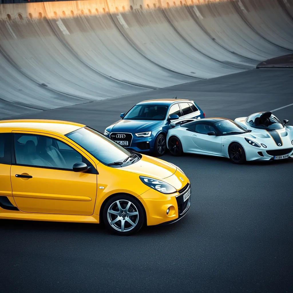 Renault Clio V6, Audi RS2 et Lotus Elise réunies sur le circuit de Montlhéry