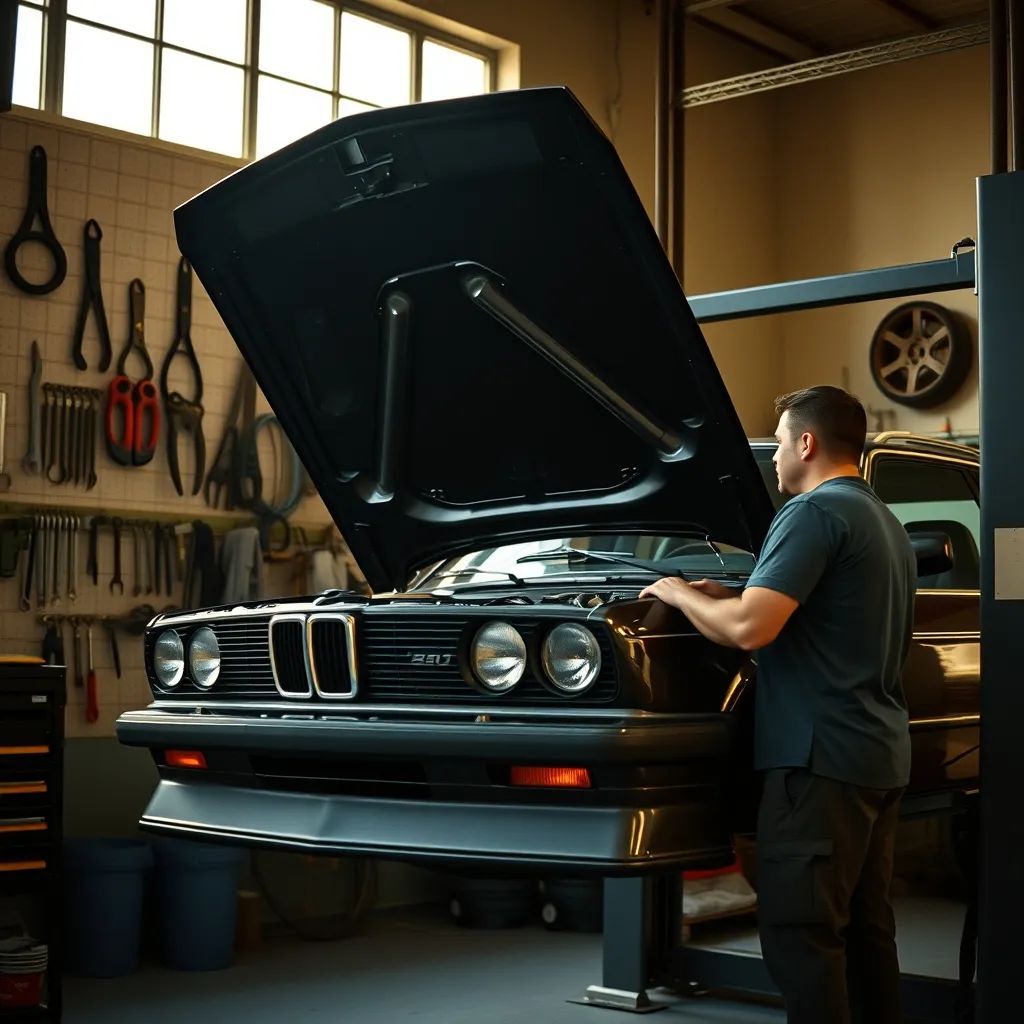 Inspection mécanique d'une BMW E30 dans un atelier spécialisé en youngtimers