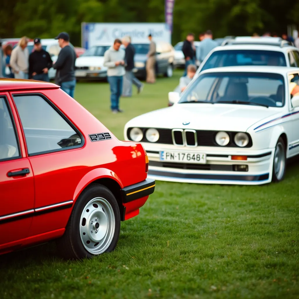 Peugeot 205 GTI et BMW E30 côte à côte lors d'un rassemblement youngtimer