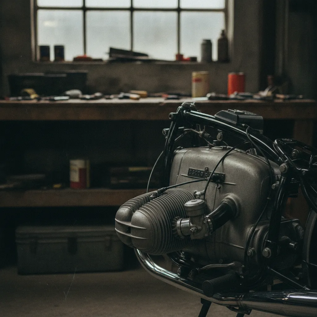 Détail du flat-twin boxer d'une BMW R69S restaurée dans un atelier spécialisé
