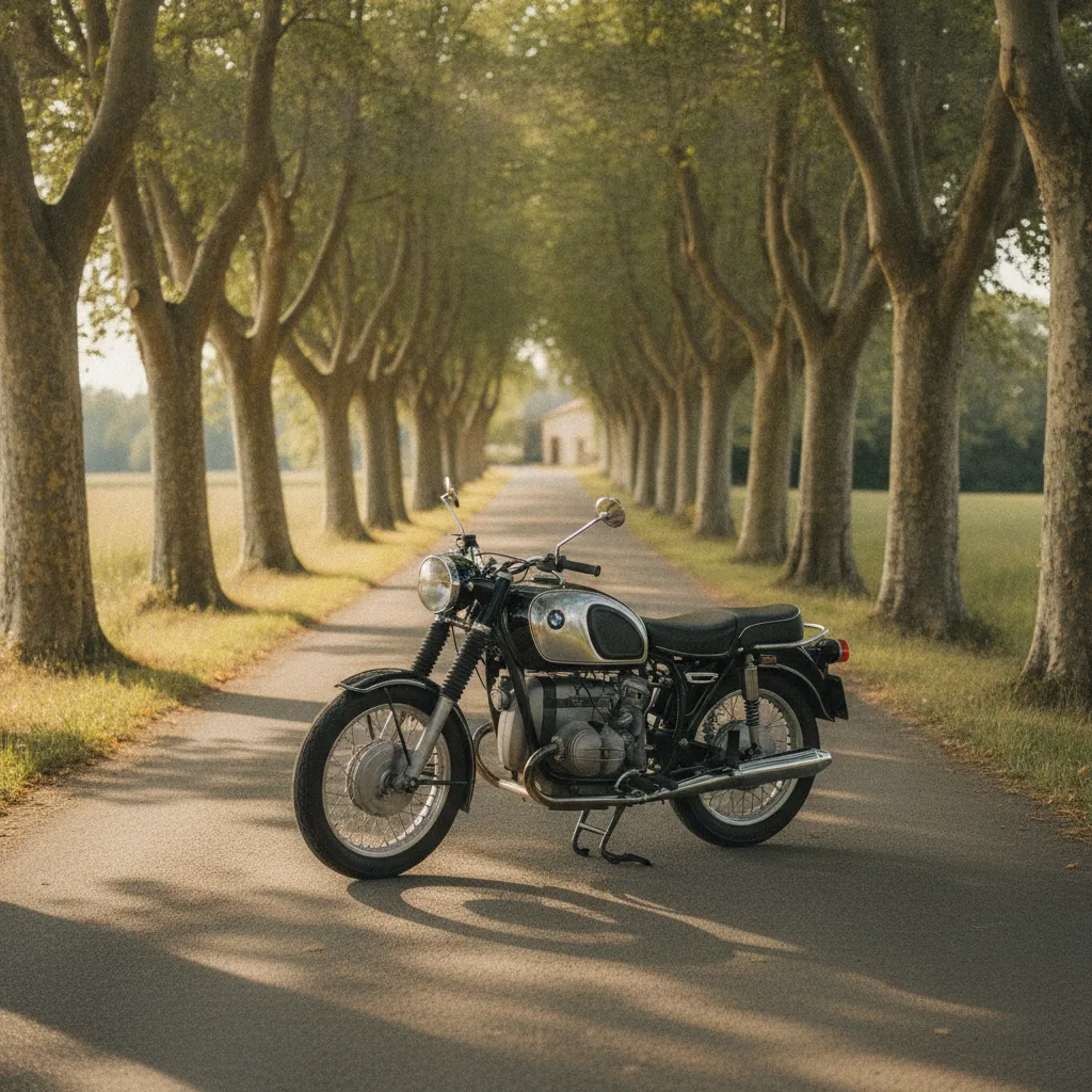 La BMW R75/5 sur une route de campagne française, symbole du touring des années 70