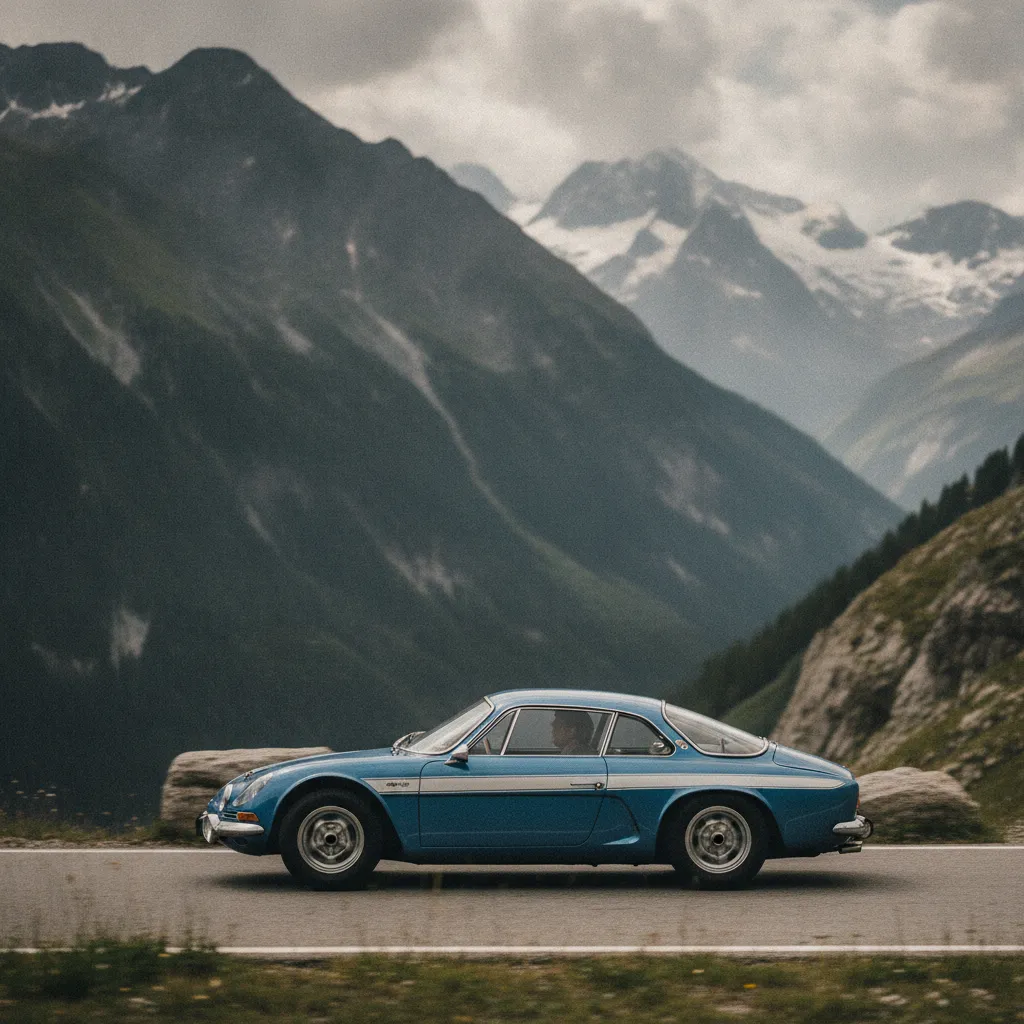 L'Alpine A110 Berlinette bleue sur une route de montagne, symbole de l'excellence française en compétition
