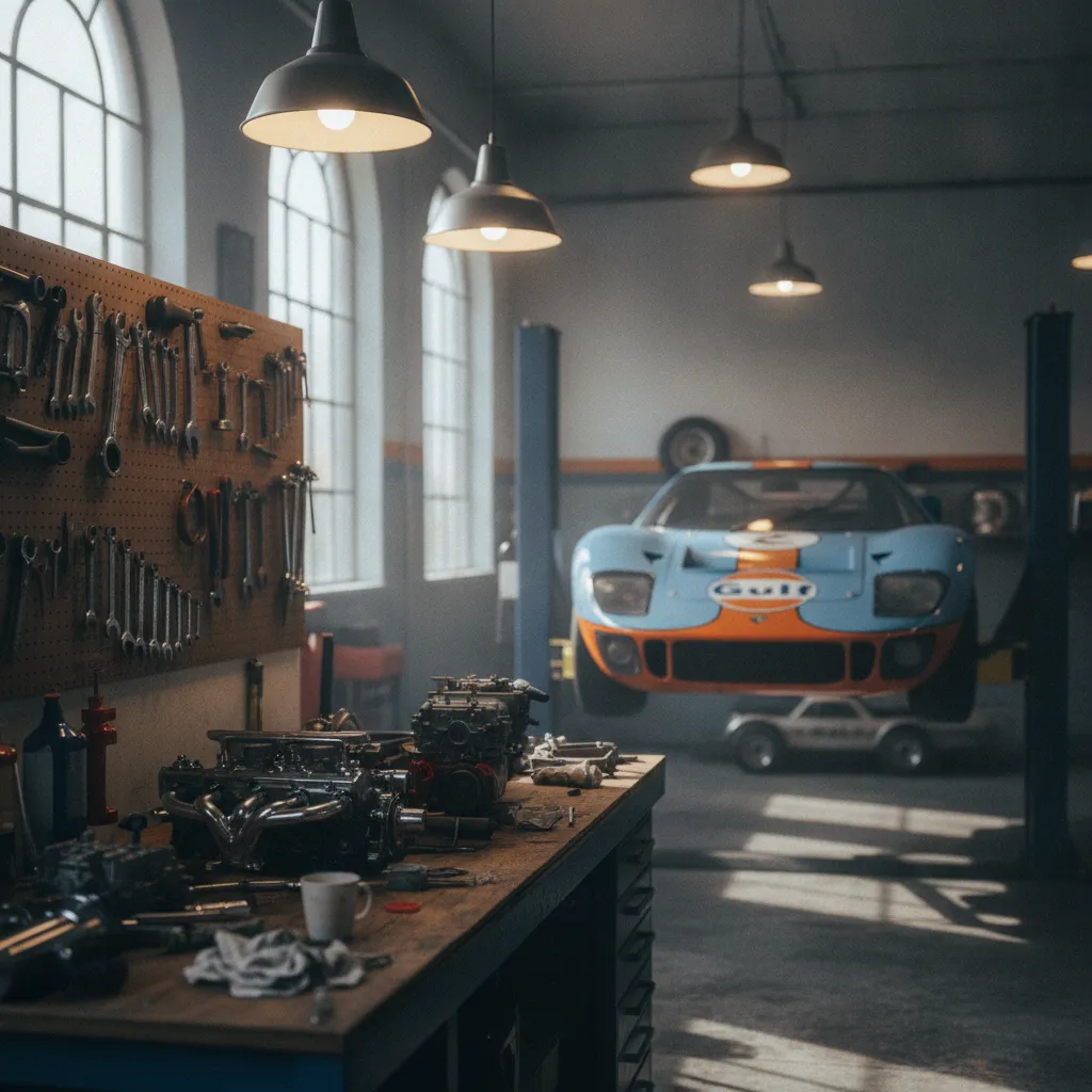 Un atelier de restauration spécialisé dans les anciennes voitures de course, où chaque pièce est vérifiée avec soin