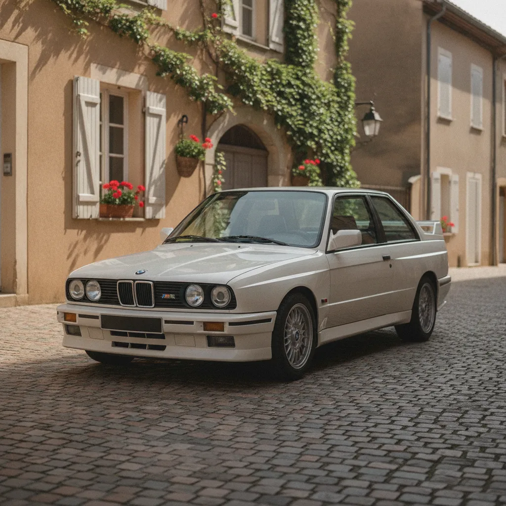 La BMW M3 E30 et ses ailes élargies caractéristiques, ici en Blanc Alpin