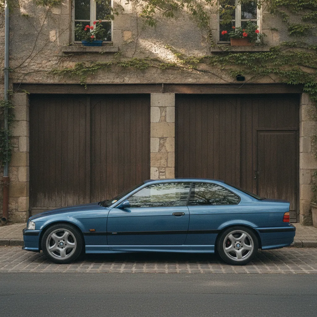 BMW M3 E36 coupé en Bleu Estoril devant un atelier de restauration