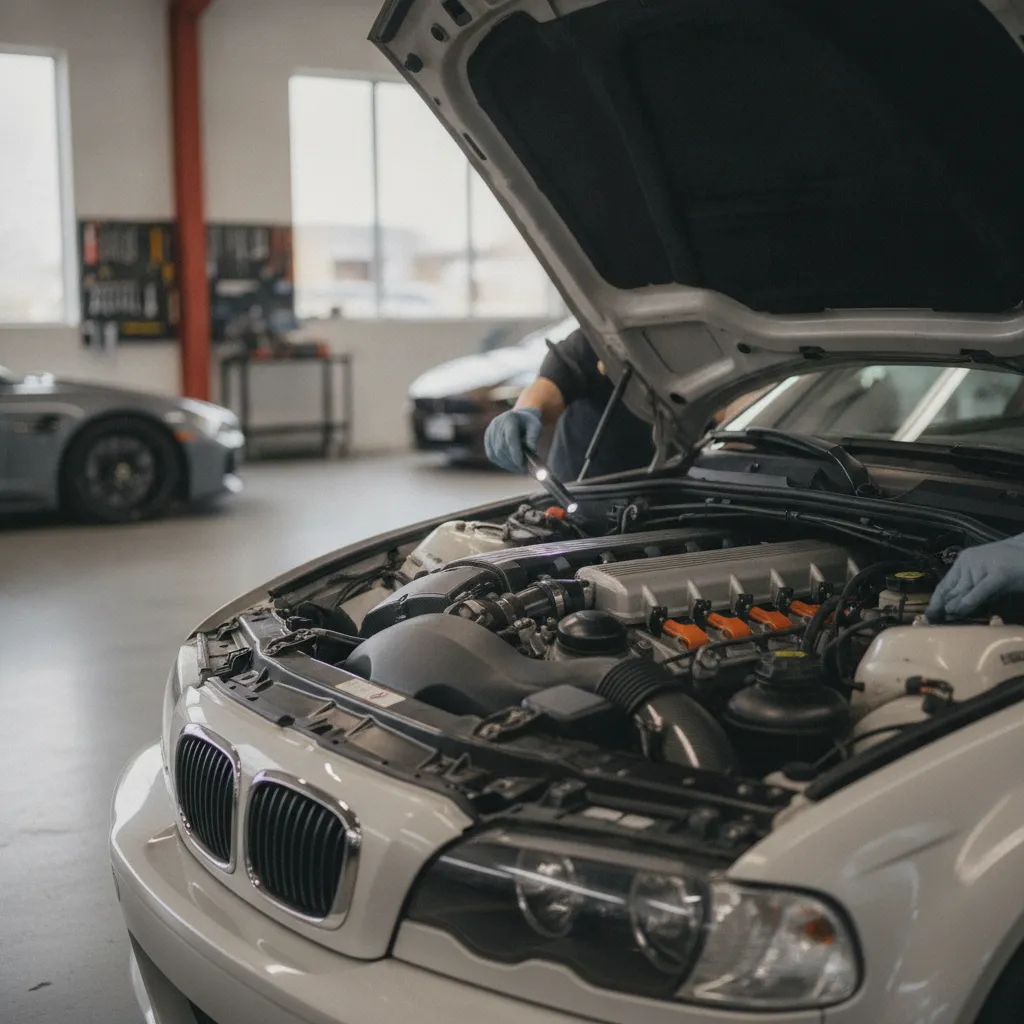 Le moteur S54 de la BMW M3 E46 lors d'une inspection en atelier