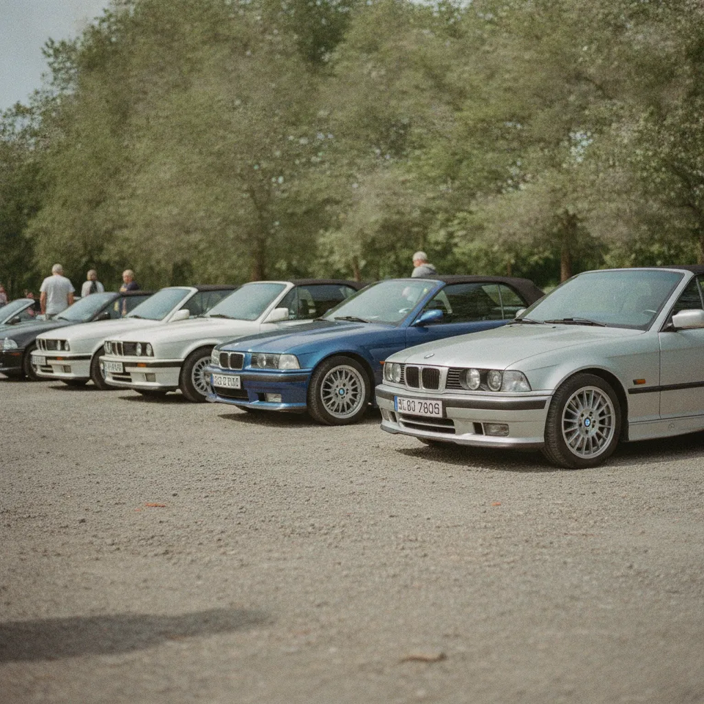 Trois générations de BMW cabriolet anciennes alignées lors d'un rassemblement
