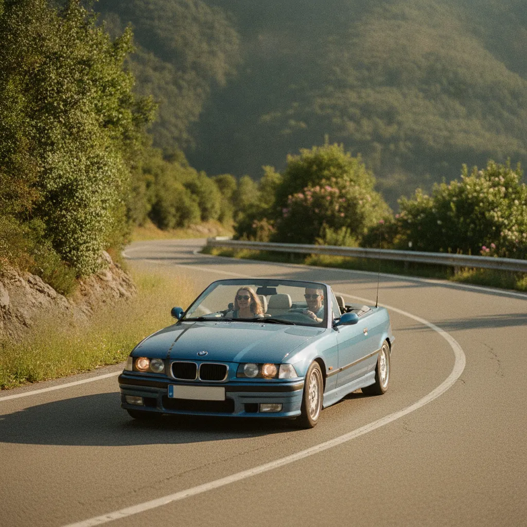 BMW E36 cabriolet sur une route sinueuse de montagne en été
