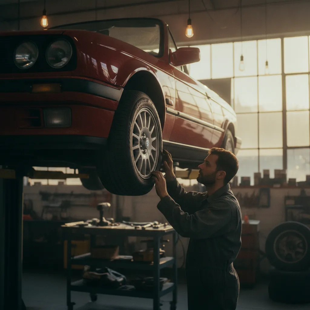 Inspection des bas de caisse d'une BMW E30 cabriolet en atelier de restauration