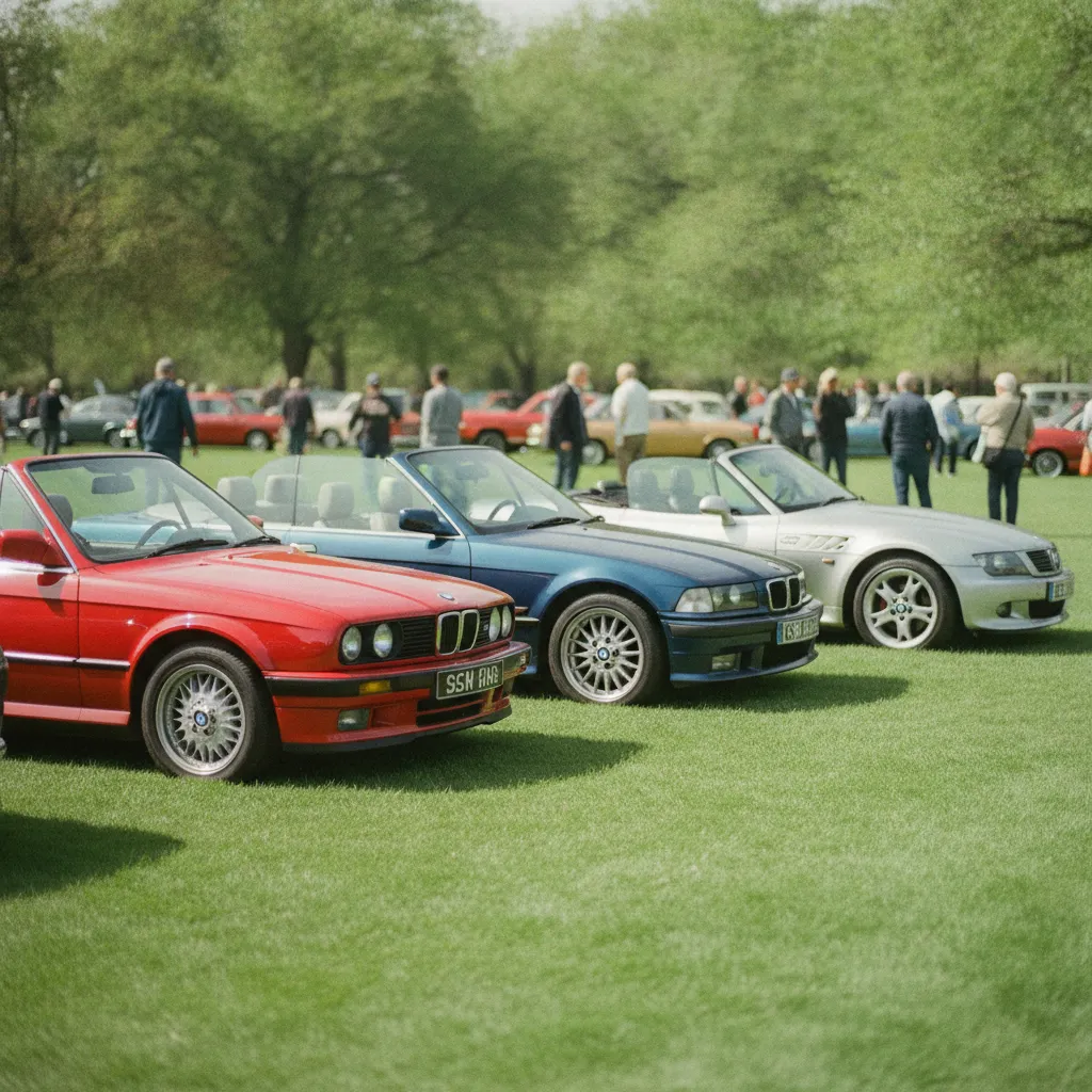 Plusieurs générations de cabriolets BMW réunies lors d'un rassemblement de voitures anciennes