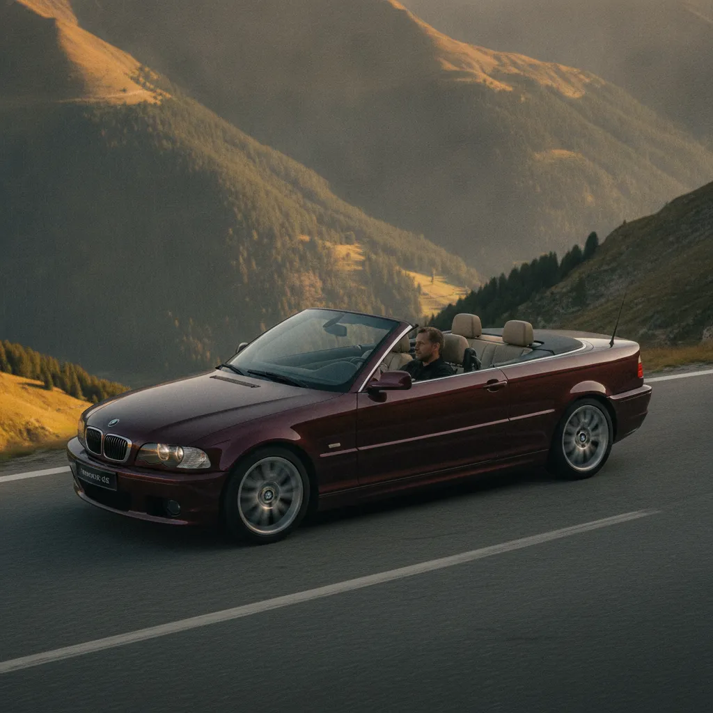 BMW E46 cabriolet en balade sur une route de montagne, capote repliée