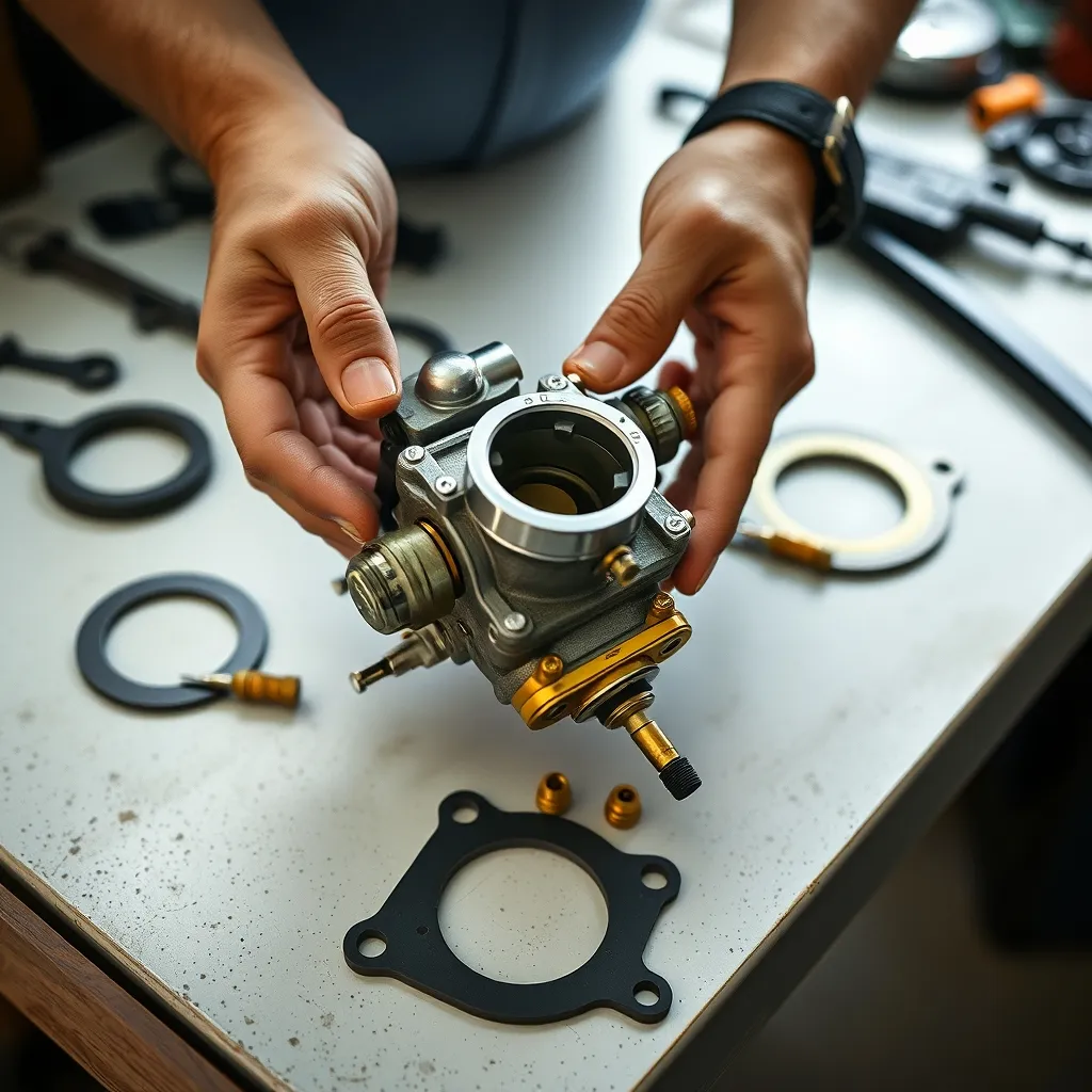 Carburateur Solex démonté avec ses gicleurs, flotteur et pointeau disposés sur l'établi