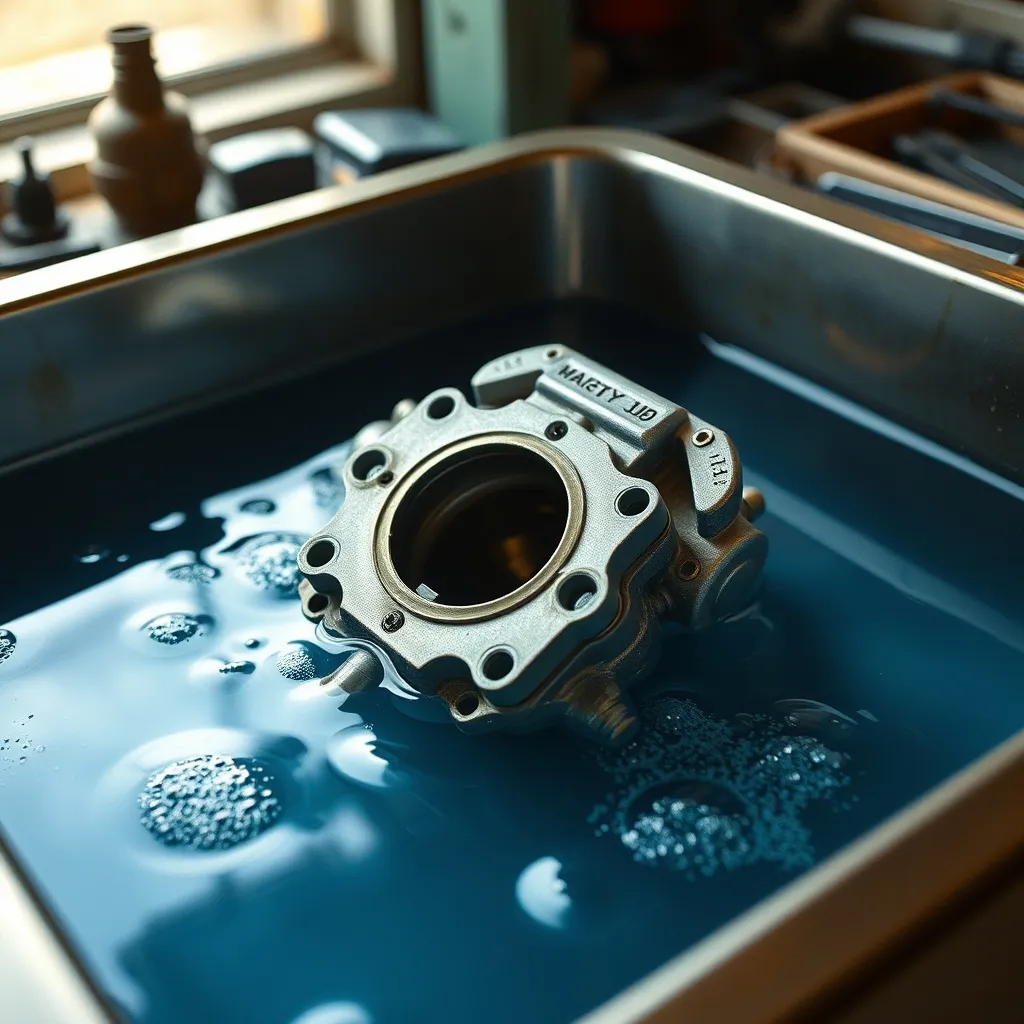 Nettoyage d'un corps de carburateur dans un bac à ultrasons rempli de solution dégraissante