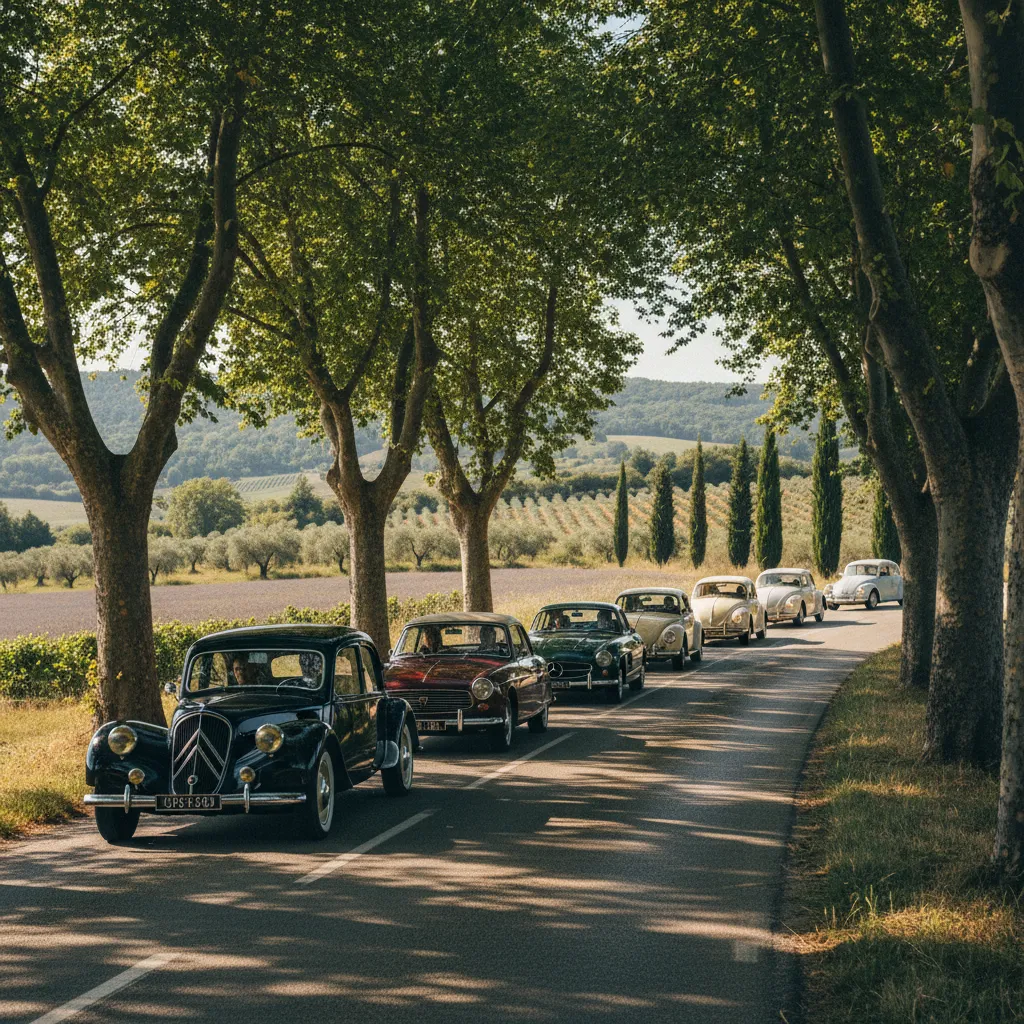 Un convoi de voitures anciennes sur une route de campagne, le plaisir de rouler ensemble