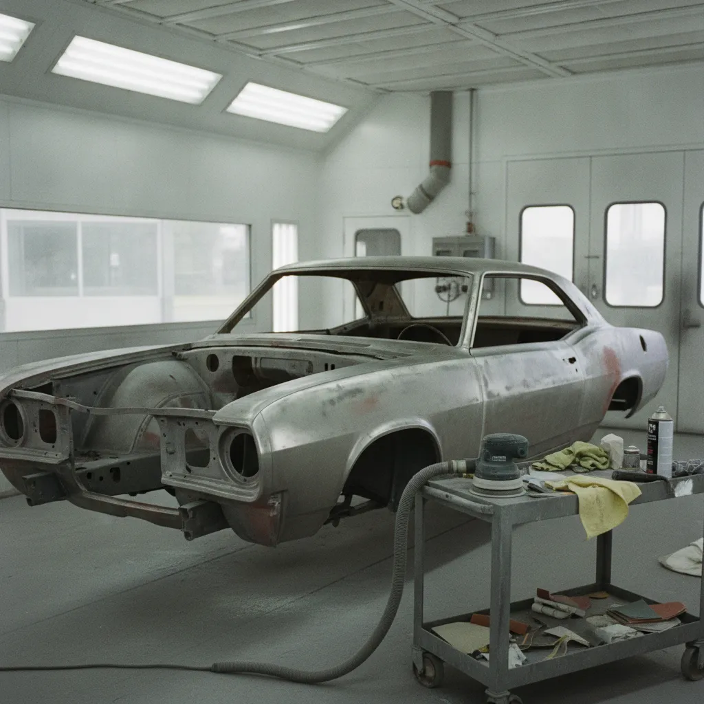 Préparation carrosserie d'une voiture ancienne avant mise en peinture en cabine