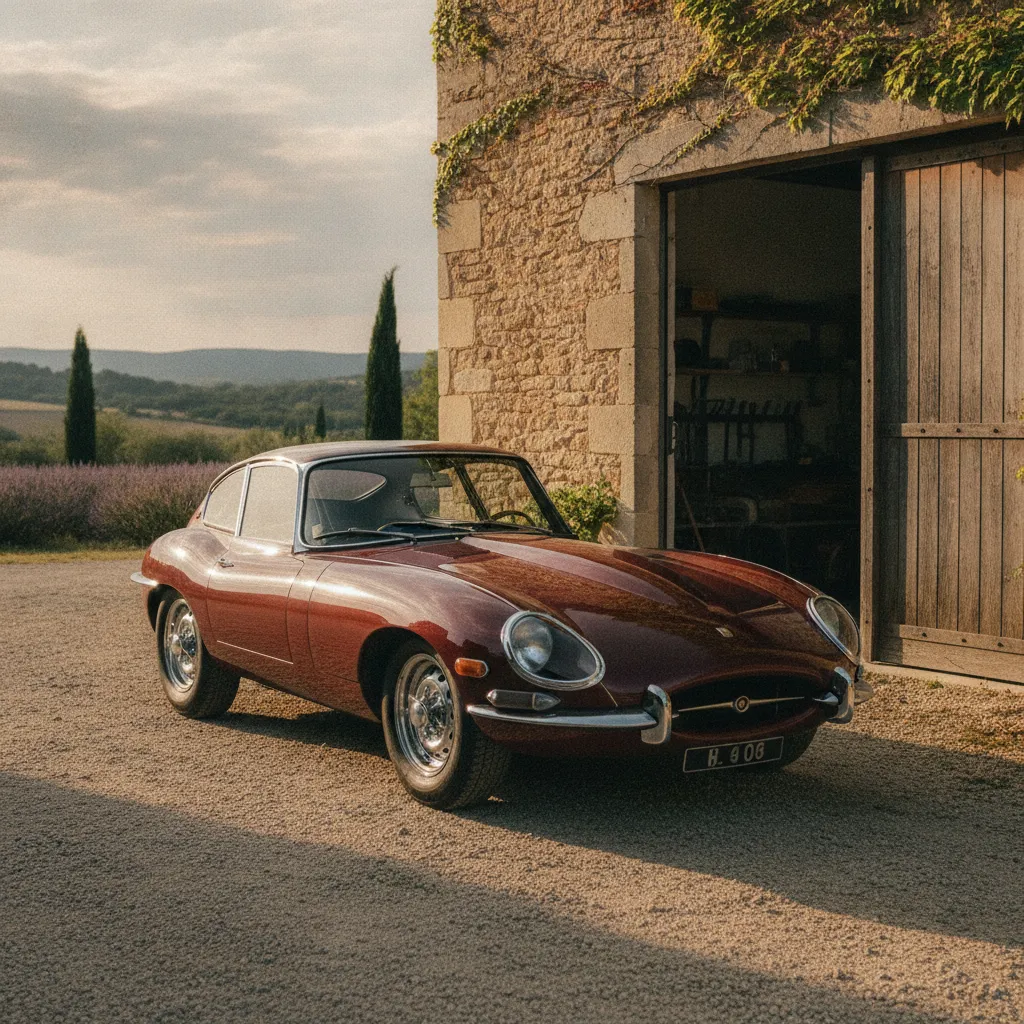 Une voiture ancienne entièrement restaurée devant un atelier de campagne français