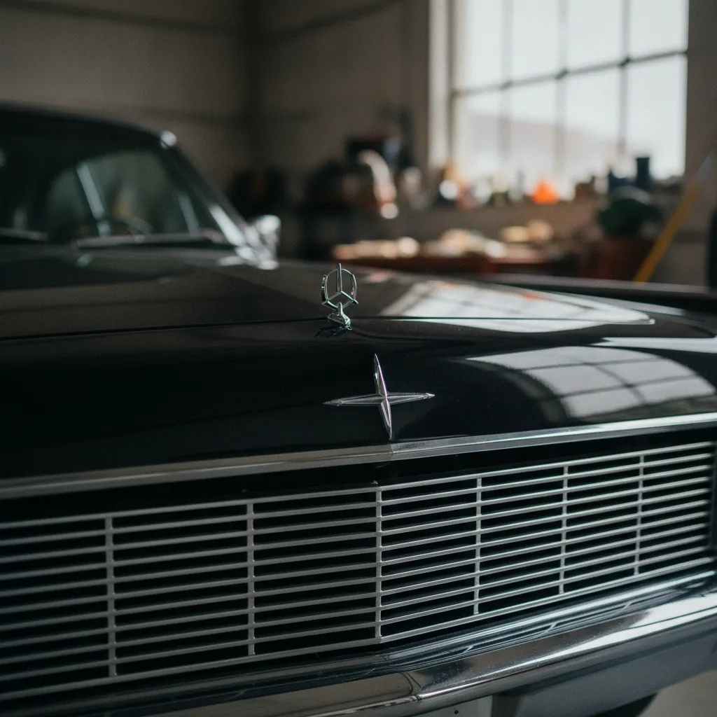 Détail de la calandre et de l'emblème d'une Lincoln Continental 1963