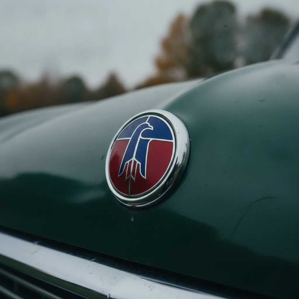 Écusson émaillé d'une marque de prestige sur le capot d'un véhicule de collection
