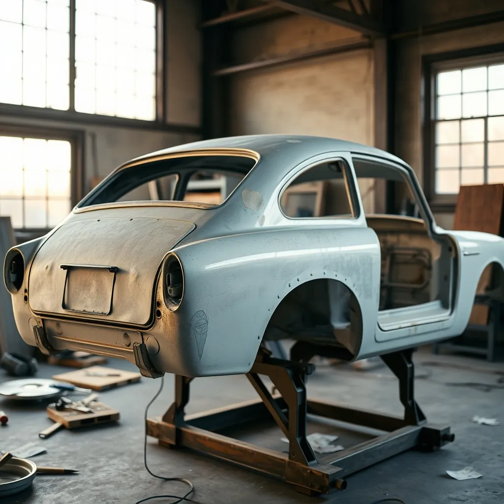 Carrosserie mise à nu sur un support rotatif, prête pour le traitement anticorrosion