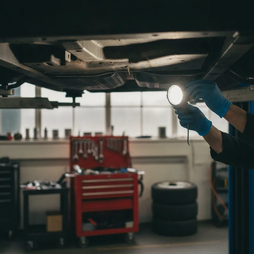Inspection des longerons lors de l'expertise d'une Porsche Carrera ancienne