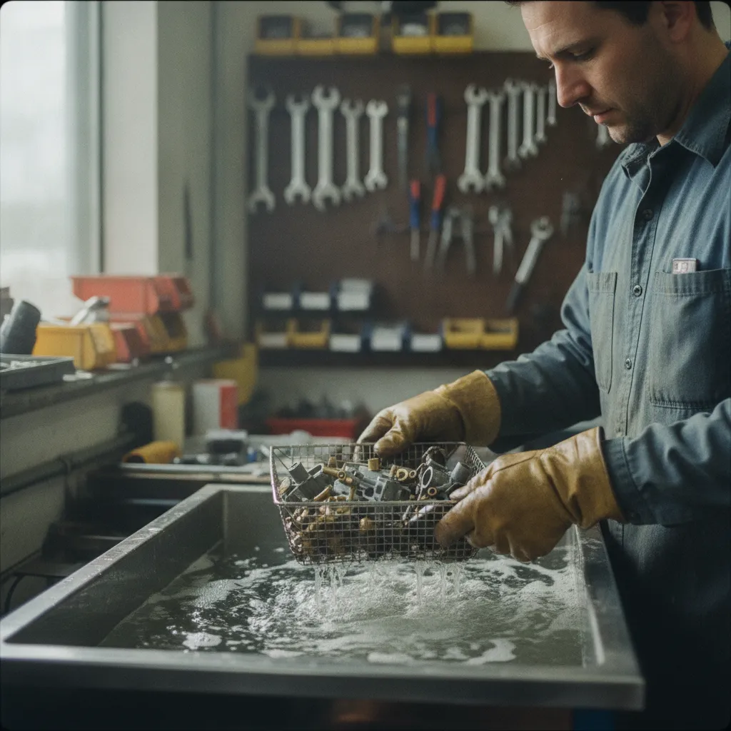 Nettoyage aux ultrasons des pièces d'un carburateur ancien dans un atelier professionnel