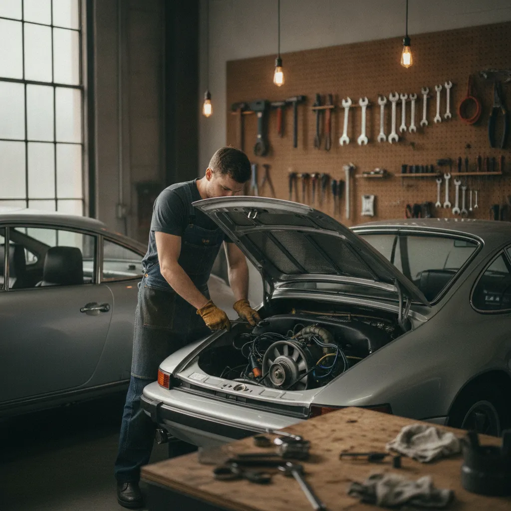 Inspection moteur d'une Porsche 911 ancienne dans un atelier de restauration artisanal