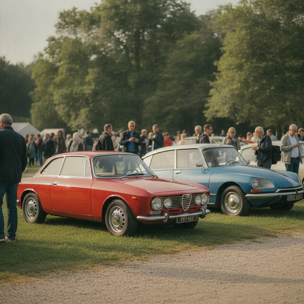 Alfa Romeo Giulia Sprint GT et Citroën DS exposées lors d'un rassemblement automobile