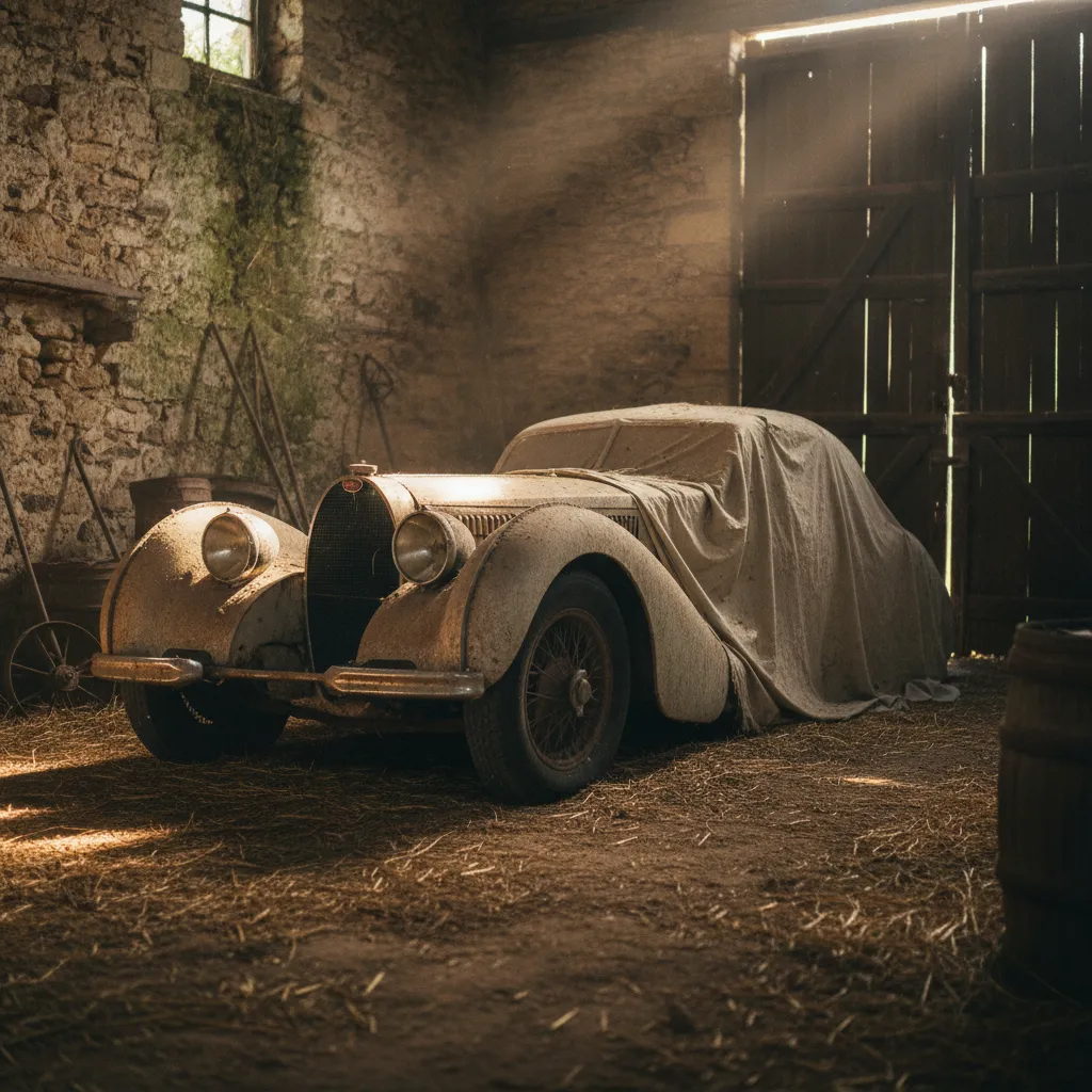 Sortie de grange : une voiture ancienne redécouverte sous la poussière dans une grange française