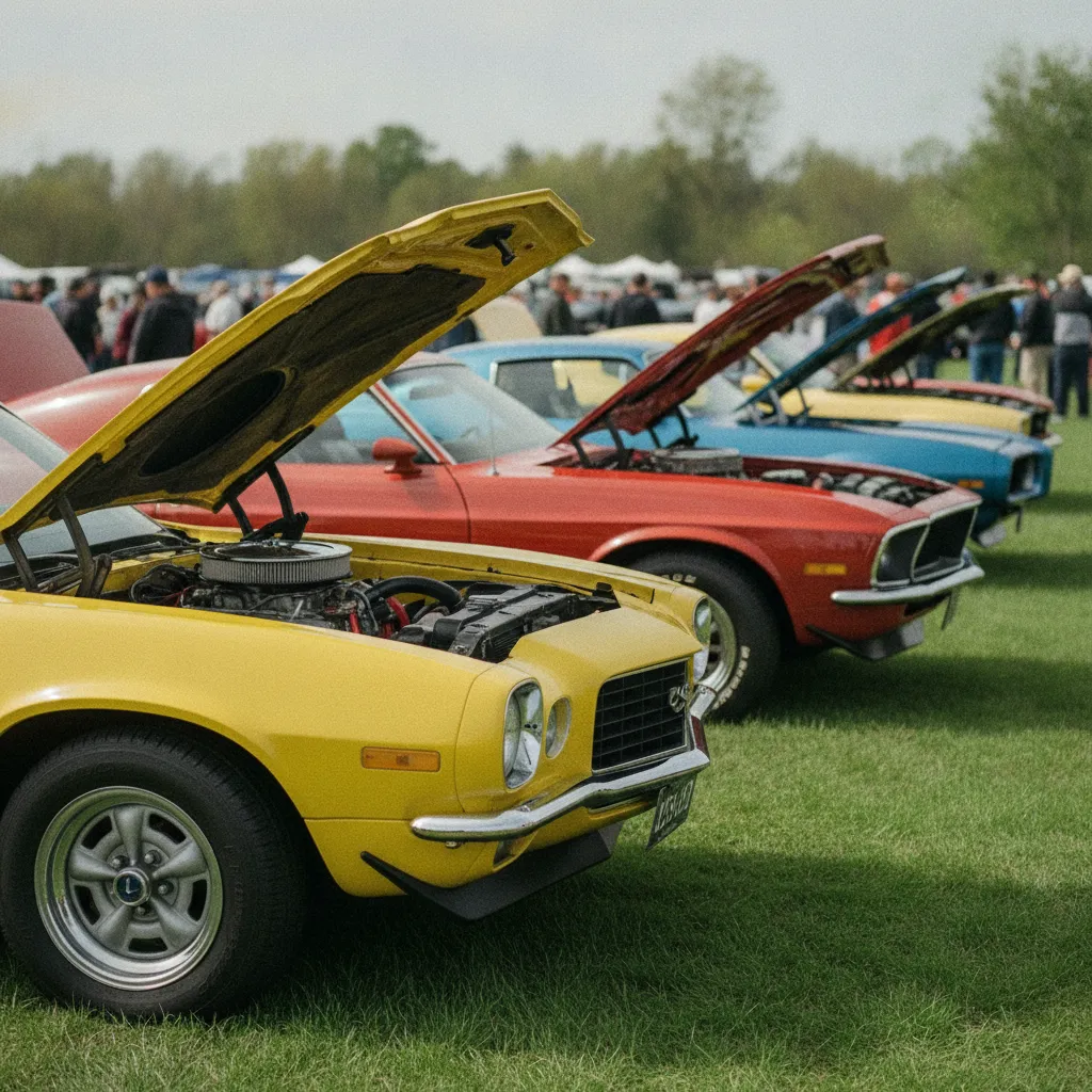 Alignement de muscle cars américains lors d'un rassemblement de voitures de collection