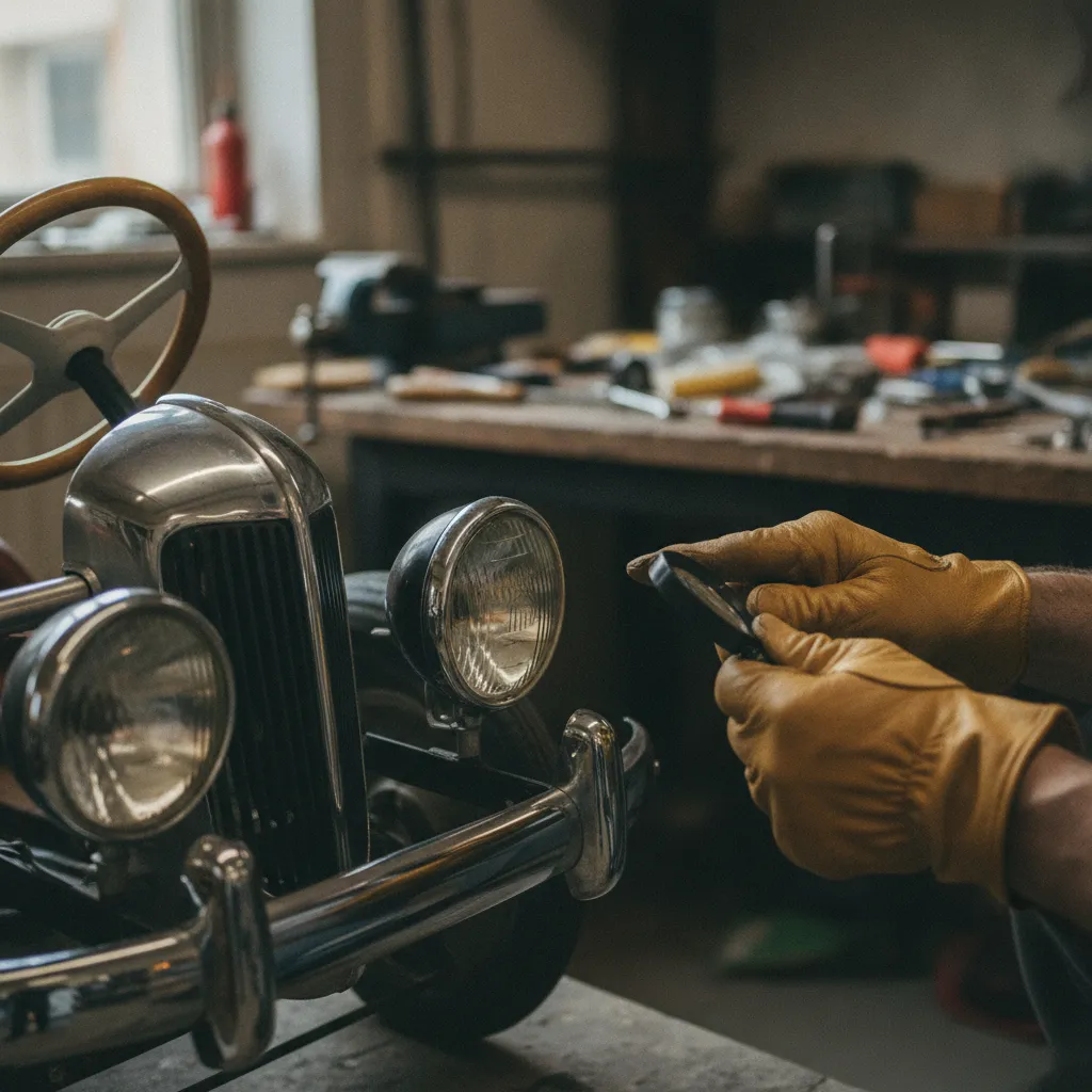 Détail des chromes et du volant d'une voiture à pédale Eureka en cours d'expertise
