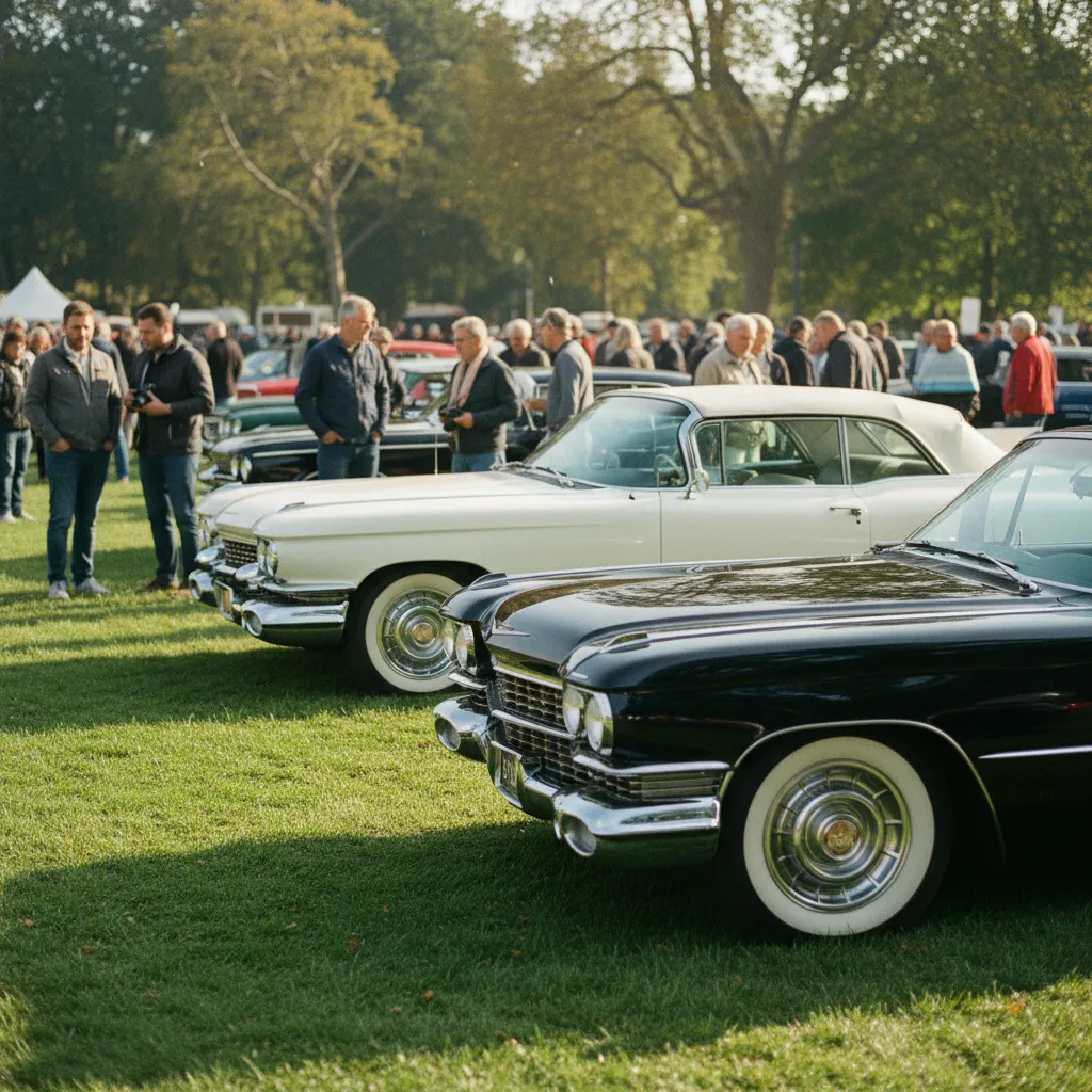 Alignement de Cadillac anciennes lors d'un concours d'élégance européen