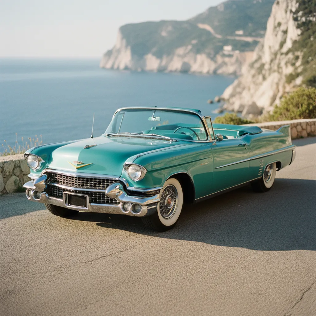 Cadillac Eldorado cabriolet des années 1950 sur une route côtière du sud de la France
